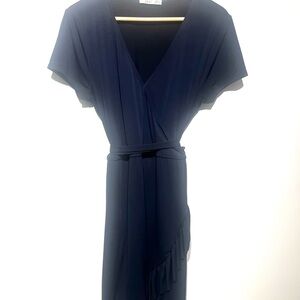 Dex Navy Wrap Midi Dress with Self-Tie Waist